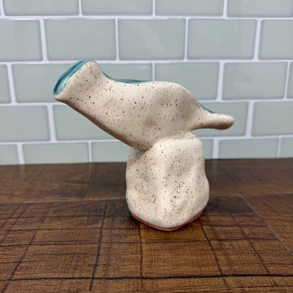 West Elm Speckled Ceramic Bird Figurine Aqua Blue Glaze Modernist Sculpture